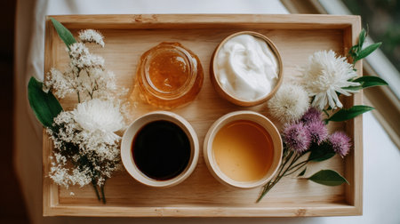 A beautifully arranged tray showcases honey, cream, and beverages, surrounded by fresh flowers, creating a calming ambiance for tea time.の素材