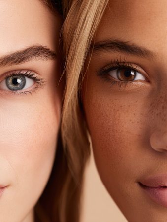 Two individuals display striking contrasts in their facial features and skin tones, highlighting beauty and diversity in a soft, natural setting.の素材