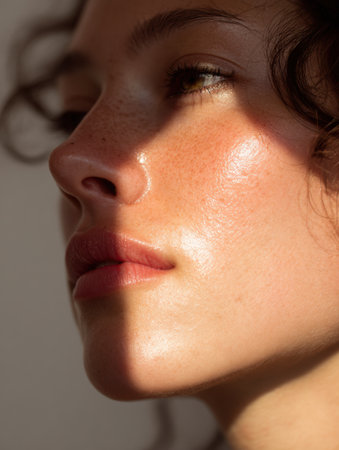 Sunlight softly highlights the nose and cheeks, enhancing the subjects natural glow in a serene, uncluttered setting.の素材