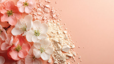 Delicate pink and white flowers scattered on a peach background with powder textures, lending a gentle and serene atmosphere to the composition.の素材