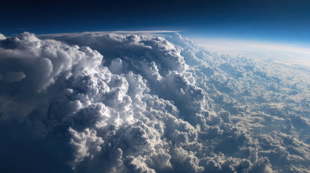 Massive clouds stretch across the sky, showcasing intricate details and shadows created by sunlight illuminating the fluffy formations from above.の素材