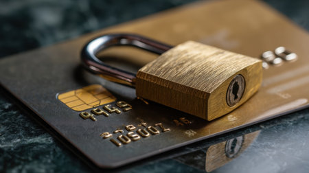 A thick brass padlock secures a credit card, emphasizing the importance of privacy and financial safety on a dark green marble background.の素材