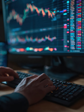 A financial analyst focuses on stock market trends displayed on a dual-monitor setup in a contemporary work environment at night.の素材