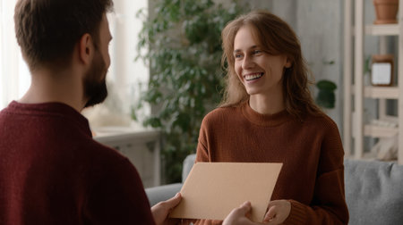 In a bright and inviting room, a man hands an envelope to a woman, both smiling and sharing a joyful moment filled with anticipation in their cozy living space.の素材