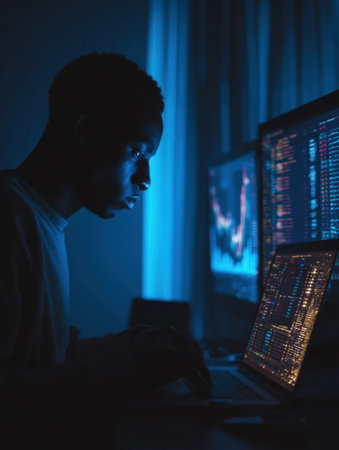 Young person intently engaged with laptop and large monitors in a dimly lit space, analyzing financial data with glowing charts displayed on screens.の素材