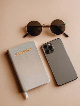 A passport, round sunglasses, and a smartphone are neatly placed on a soft light surface, symbolizing preparation for travel and adventure.の素材