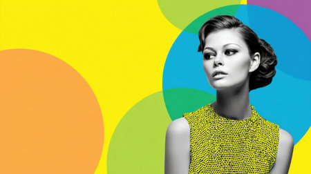Model poses elegantly in vibrant pop art surroundings, featuring a striking retro 70s hairstyle and fashionable clothing, capturing a unique artistic vibe.の素材