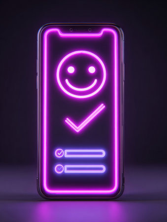 A smartphone showcases a vibrant neon smiling face and checkmark graphic against a dark background, creating an engaging visual experience.の素材