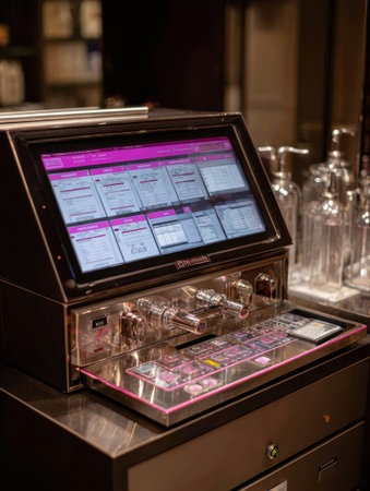 A skincare machine features a touch panel with various statistics and an open top section, located in a contemporary wellness center environment.の素材