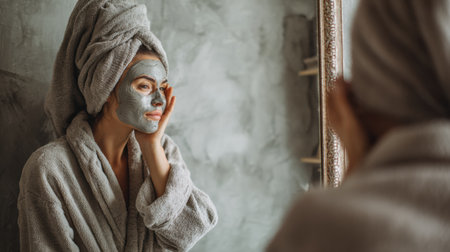 A woman in a cozy robe applies a clay mask while looking at her reflection in the bathroom mirror, enjoying a moment of relaxation during her self-care routine.の素材
