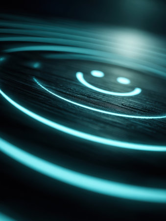 Vibrant blue light emanates from a smiley face pattern, casting calming waves on a dark surface, creating a cheerful and serene nighttime atmosphere.の素材