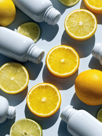 Sliced yellow lemons and limes are artistically arranged with white bottles, showing fresh and vibrant colors, creating a bright and refreshing composition.の素材