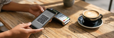 A person uses a smartphone to complete a payment by scanning a QR code next to a cup of coffee in a cozy cafe setting.の素材