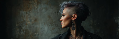 A person with a short highlighted undercut stands against a textured urban backdrop, exuding a bold and edgy fashion statement in a moment of reflection.の素材