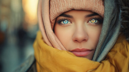 A woman in a cozy scarf and hat stands outdoors, her striking eyes highlighted by the soft sunlight, capturing the essence of winter fashion in the city.の素材