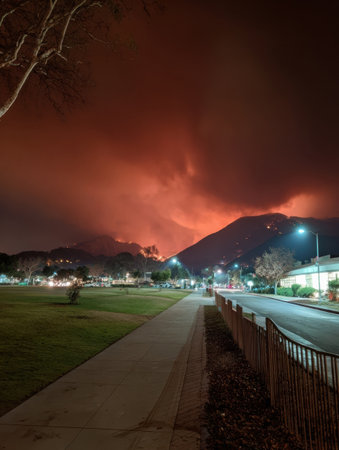 Bright flames light up the night sky above a peaceful park as smoke billows from the mountains. Surrounding streets and trees stand in stark contrast.の素材