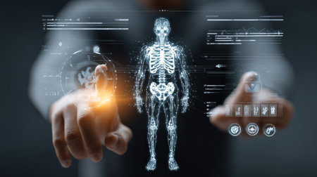 Hands engage with a holographic display of human anatomy, highlighting detailed skeletal structures in a high-tech medical environment.の素材