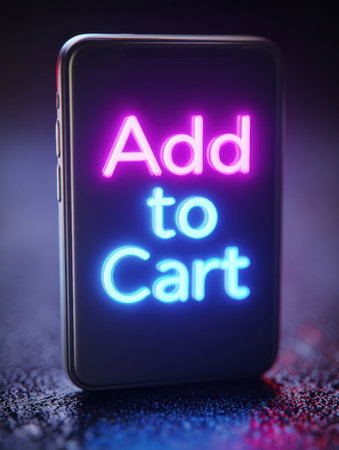 A vibrant neon display shows add to cart text on a smartphone surrounded by a dark, reflective surface creating a modern shopping atmosphere.の素材