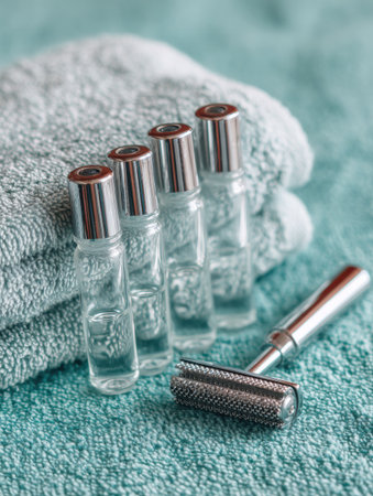 Four skincare ampoules and a dermaroller are neatly placed on soft towels, creating a calming atmosphere for a skincare routine session.の素材