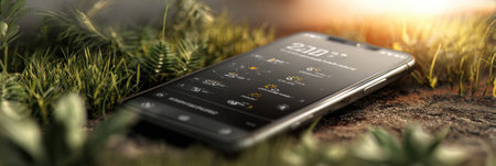 A smartphone rests on the grass with a weather app open, showing detailed forecasts while the sun sets in the background, creating a warm atmosphere.の素材