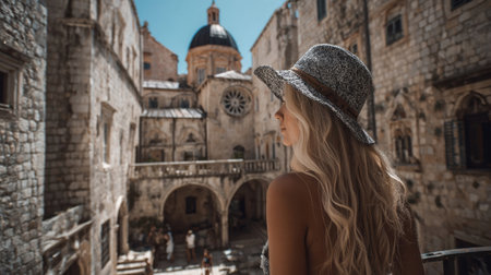 A woman with long hair gazes over a historical courtyard in a coastal town, surrounded by stone buildings and enjoying warm, sunny weather.の素材