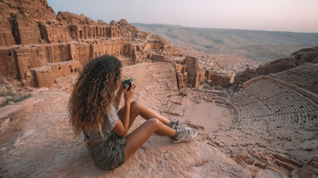 A traveler sits on rocky terrain in Petra, focused on using a camera to capture the stunning sunset view over the ancient theater and landscape.の素材