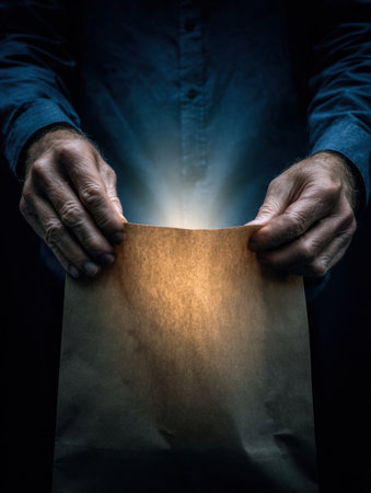 Hands grasp a brown paper bag, revealing a bright light emerging from within a captivating nighttime moment in a dimly lit room.の素材