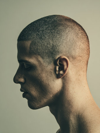 Young man with a buzz cut is observed from the side in gentle gradient light, emphasizing his facial structure while the right side remains empty.の素材