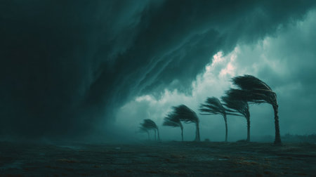 Storm clouds gather as fierce winds bend trees, creating a tense atmosphere of impending weather at twilight.の素材
