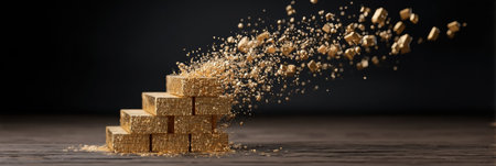 Gold bars are arranged in a pyramid form, with fine golden particles spilling elegantly from the top, showing casing opulence and brightness.の素材