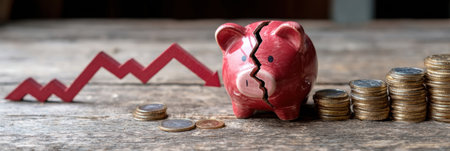 A broken piggy bank sits beside a declining graph and piles of coins, symbolizing financial struggles and economic challenges faced by households.の素材