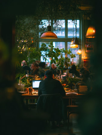 People are gathered in a lively restaurant filled with lush plants, enjoying meals and conversation under warm, inviting lighting during the evening hours.の素材