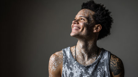 A young man with a joyful expression enjoys the moment while light highlights the distinctive patterns on his skin in a simple studio environment.の素材