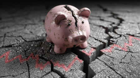 A cracked pink piggy bank sits on a broken ground, representing financial challenges and the impact of economic downturns on saving habits.の素材