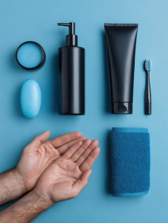 Hands are displayed open in front of various grooming products on a blue background. The scene is designed to depict a personal care routine.の素材