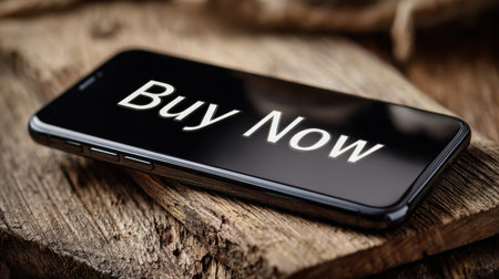 A smartphone with the words buy now prominently displayed rests on a wooden surface, highlighting an online shopping theme in a rustic setting.の素材