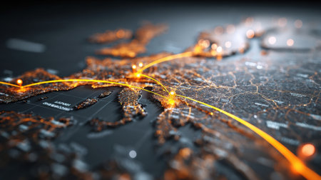 A detailed digital map displays various European cities with glowing lines indicating connections and data flow, highlighting technological networking.の素材