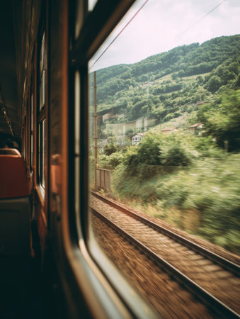 Rolling hills and vibrant greenery rush by outside the train window, showing a peaceful landscape during a leisurely countryside journey.の素材
