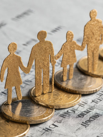 Family figures made of gold stand hand in hand on piles of coins, representing unity and financial stability in current economic conditions.の素材