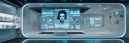 Focused on skincare consultation in a dermatology clinic, showcasing a futuristic interface display while side space remains open for movement and interaction.の素材