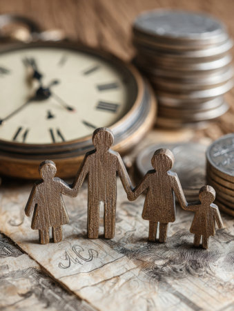 Family figures hold hands on top of banknotes and coins, with a vintage clock indicating the importance of managing finances and time together.の素材