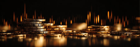 Coins gleam on a reflective surface in a dark setting, bathed in golden hues that enhance their shimmer and evoke luxury.の素材