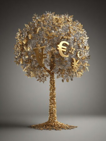 A stunning golden tree sculpture features various currency symbols, symbolizing wealth and prosperity in a simple yet elegant display.の素材