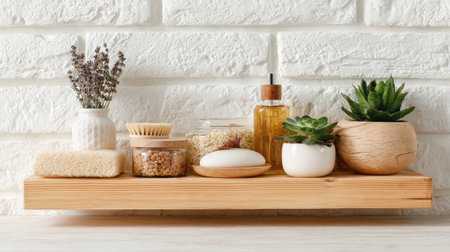 A wooden shelf displays natural wellness products, including plants, a bar of soap, body brush, and essential oils, creating a serene bathroom setting.の素材