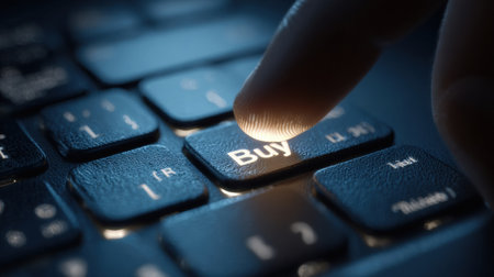 A finger is about to press the buy key on a computer keyboard in low light, indicating an online shopping activity late at night.の素材