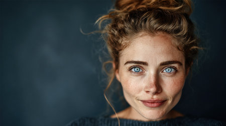 A woman with vibrant blue eyes and curly hair smiles warmly, showing her natural beauty and charm in a casual indoor environment.の素材