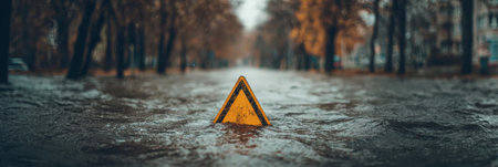A yellow flood warning sign emerges from the rising waters on a tree-lined street, capturing the effects of heavy rainfall and flooding in a city setting.の素材