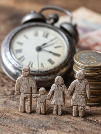 Wooden family hold figures hands in front of a vintage clock and stacks of coins on a rustic wooden table, symbolizing togetherness and time.の素材