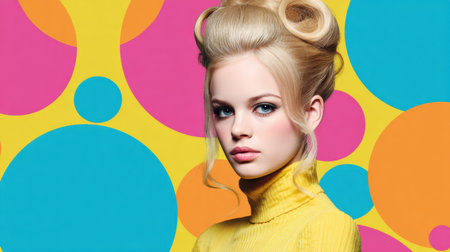 A model displays a breathtaking retro 70s hairstyle while posing against a colorful pop art background that enhances her stylish presence and playful vibe.の素材