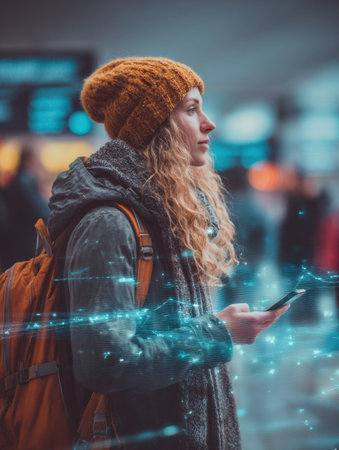 Curly-haired woman in a yellow beanie stands with a smartphone, surrounded by blurred travelers in a bustling airport terminal.の素材